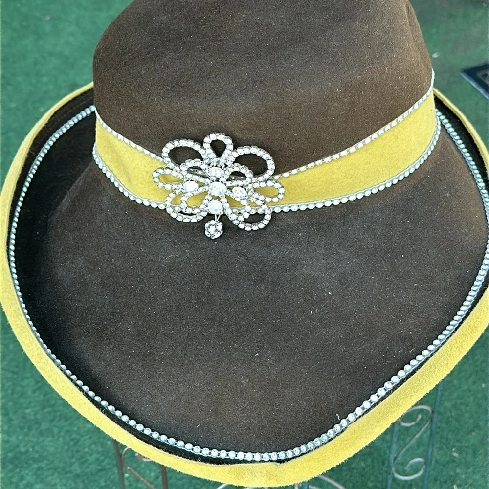 Jack McConnell brown & Yellow with rhinestones Vintage Ladies hat